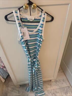 Lacoste | Dresses | Lacoste White Striped Maxi Dress With Blue Paneled Skirt